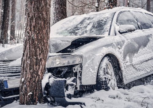 The car got into a skid and crashed into a tree on a snowy road.